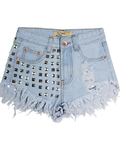 Distressed Rivets Irregular Whiskered Denim High-Waisted Shorts