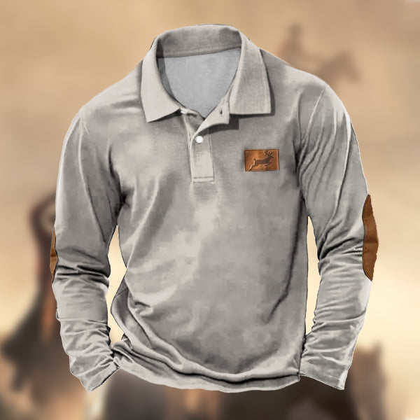 Men's Vintage Elk Hunting Print Casual Long Sleeve Polo Shirt