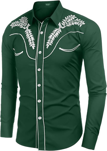 Men's Western Shirts Long Sleeve Slim Fit Embroideres Shirt-Green