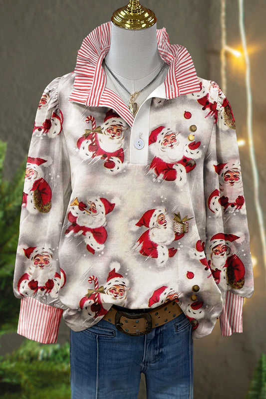 Cute Christmas Santa Claus Print Puff Sleeve Blouse