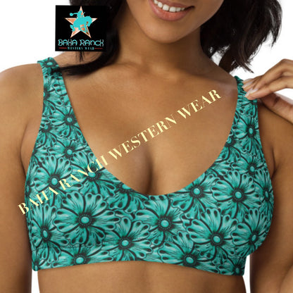 Yeehaw Turquoise Floral Leather Print Bikini Top