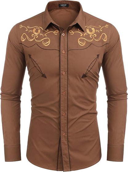 Men's Western Shirts Long Sleeve Slim Fit Embroideres Shirt