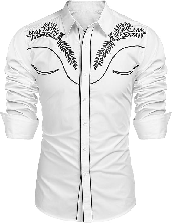 Men's Long Sleeve Slim Fit Embroideres Cowboy Shirts-White