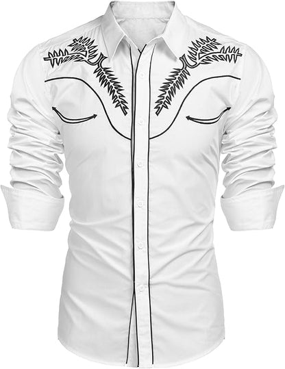 Men's Long Sleeve Slim Fit Embroideres Cowboy Shirts-White