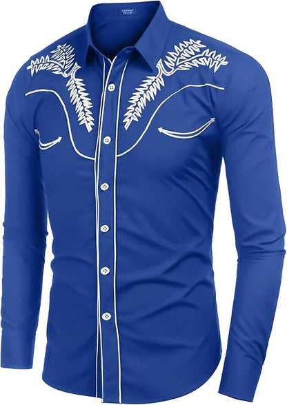 Men's Long Sleeve Embroideres Western Shirts-Navy