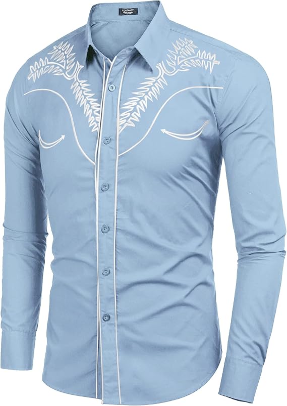 Men's Western Shirts Long Sleeve Slim Fit Embroideres Shirt-Blue