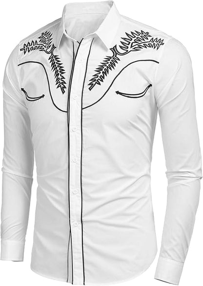 Men's Long Sleeve Slim Fit Embroideres Cowboy Shirts-White