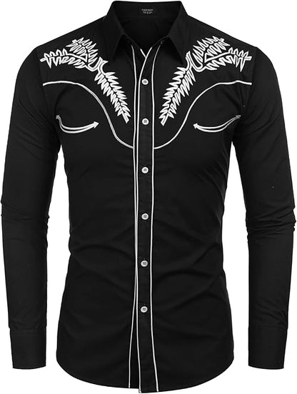 Men's Western Shirts Long Sleeve Slim Fit Embroideres Cowboy Shirts-Black