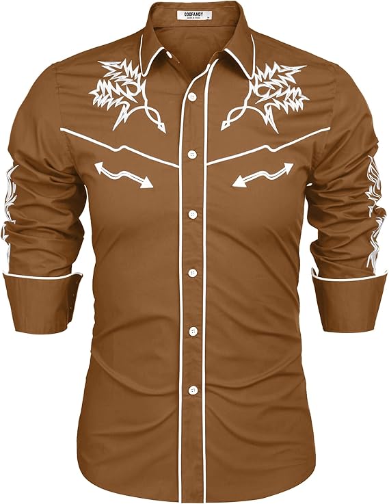 Men's Western Cowboy Shirt Long Sleeve Embroidered Shirt-White