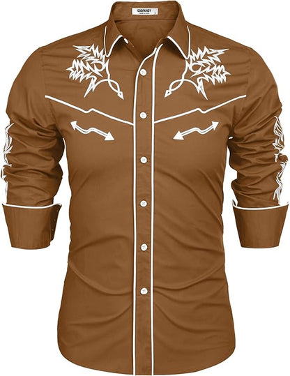 Men's Western Cowboy Shirt Long Sleeve Embroidered Shirt-White