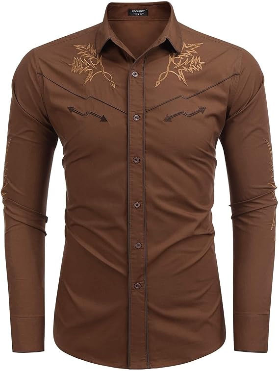 Men's Western Cowboy Shirt Long Sleeve Embroidered Shirt-White