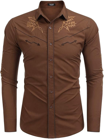 Men's Western Cowboy Shirt Long Sleeve Embroidered Shirt-Light Brown