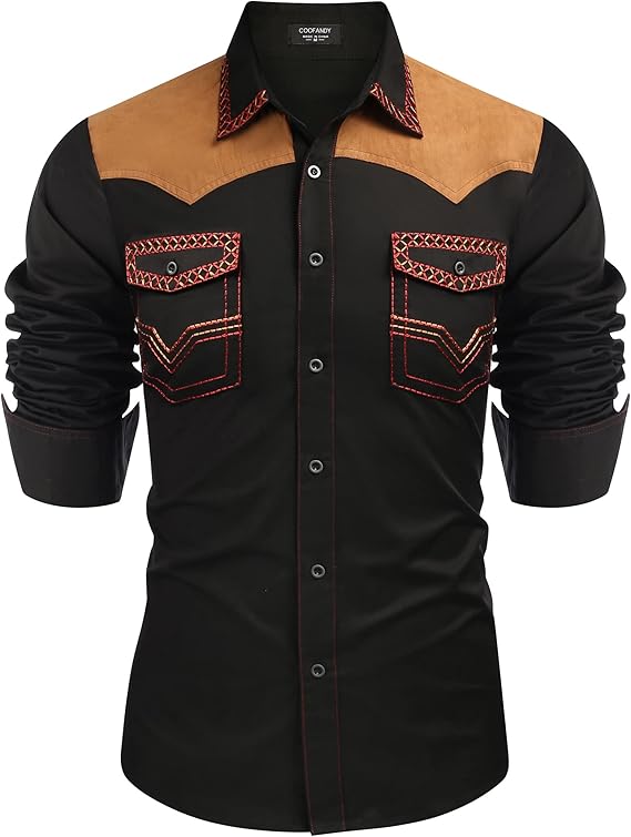 Men's Western Long Sleeve Cowboy Shirt-Black