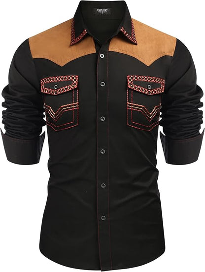 Men's Western Long Sleeve Cowboy Shirt-Black