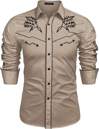 Men's Western Cowboy Shirt Long Sleeve Embroidered Shirt-White