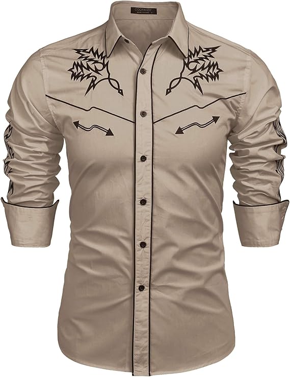 Men's Western Cowboy Shirt Long Sleeve Embroidered Shirt-Light Brown