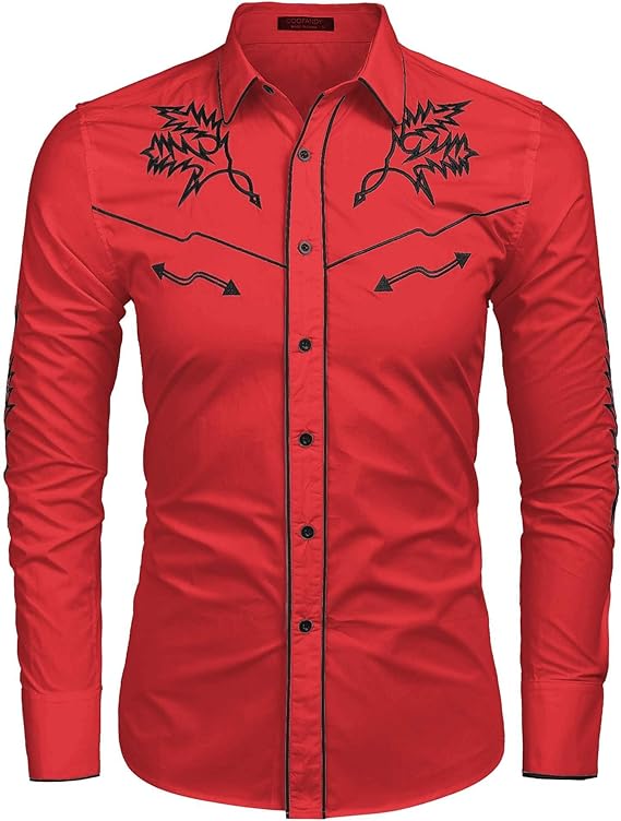 Men's Western Cowboy Shirt Long Sleeve Embroidered Shirt-White