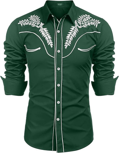 Men's Western Shirts Long Sleeve Slim Fit Embroideres Shirt-Green