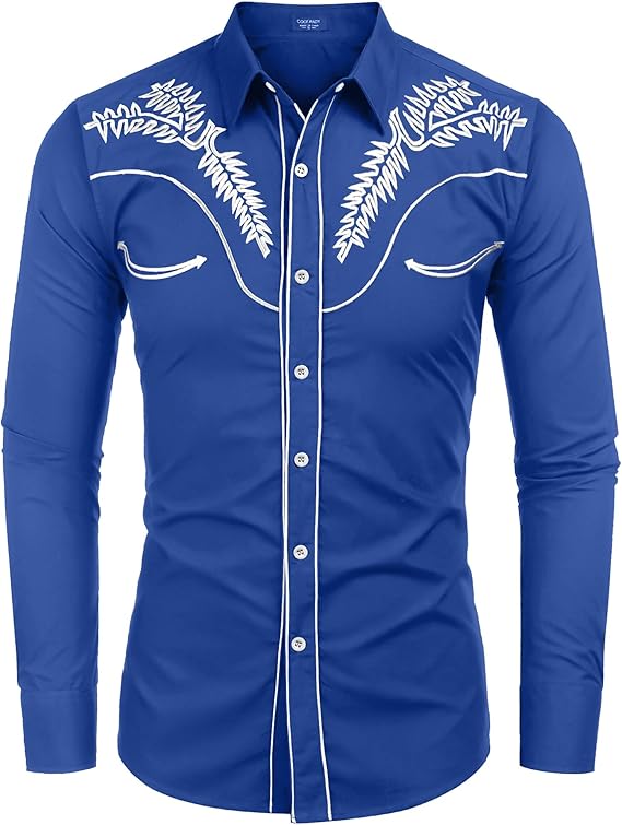 Men's Long Sleeve Embroideres Western Shirts-Navy