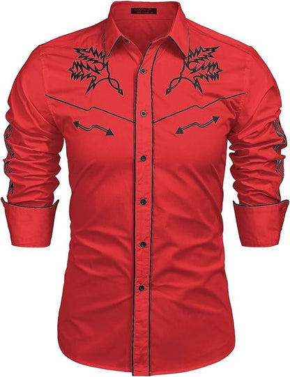 Men's Western Cowboy Shirt Long Sleeve Embroidered Shirt-White