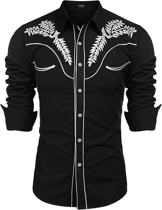 Men's Western Shirts Long Sleeve Slim Fit Embroideres Cowboy Shirts-Black