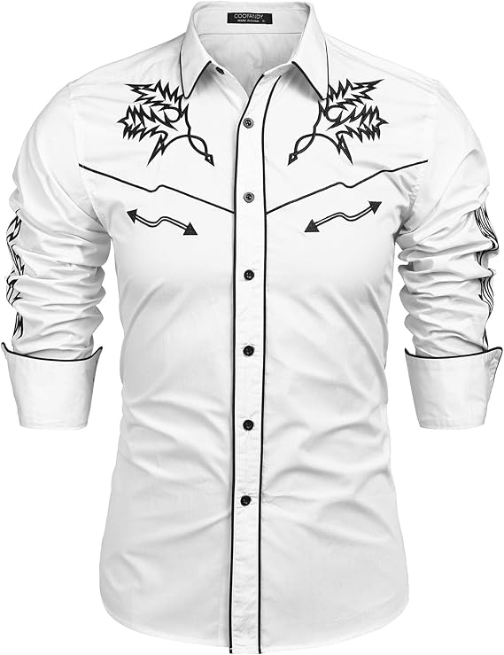 Men's Western Cowboy Shirt Long Sleeve Embroidered Shirt-White