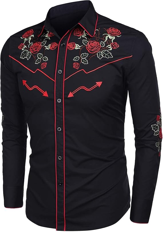 Men's Long Sleeve Cowboy Rose Embroidered Shirt