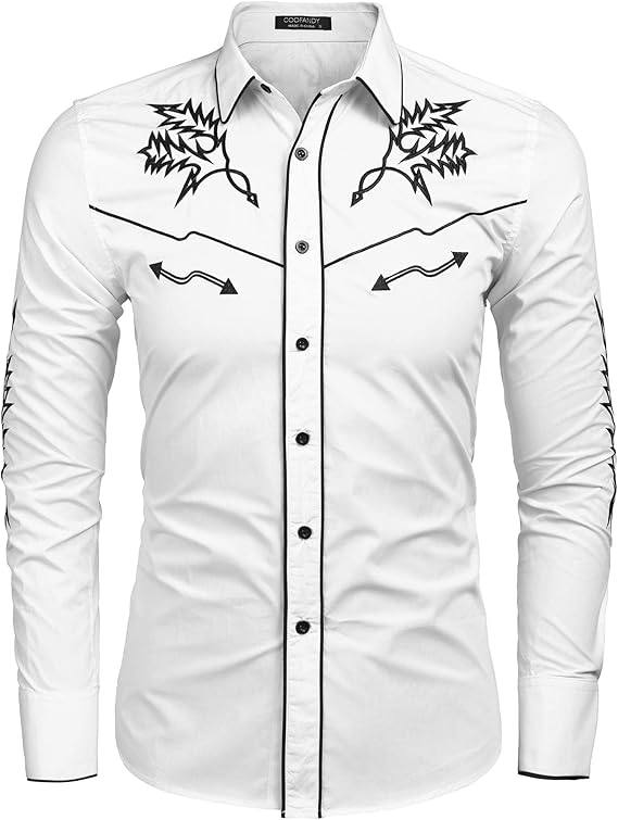 Men's Western Cowboy Shirt Long Sleeve Embroidered Shirt-White