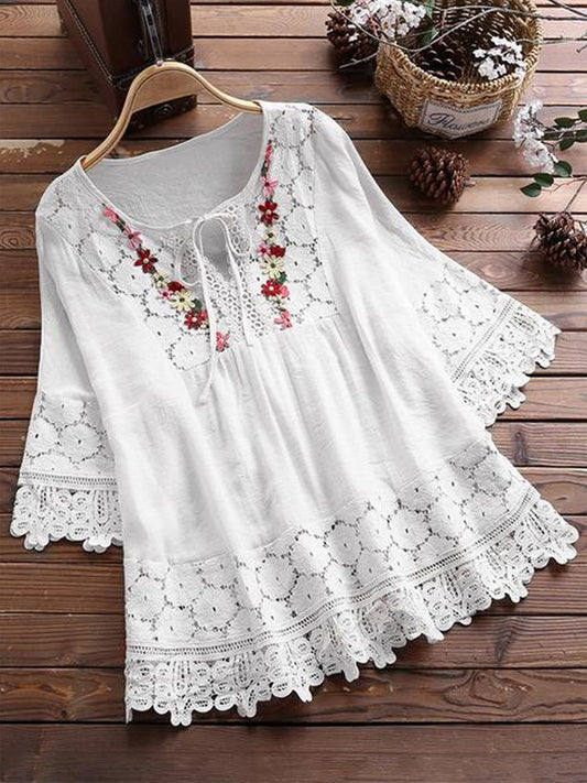 Women's Casual Retro Ethnic Style Embroidered Hollow Cotton Top