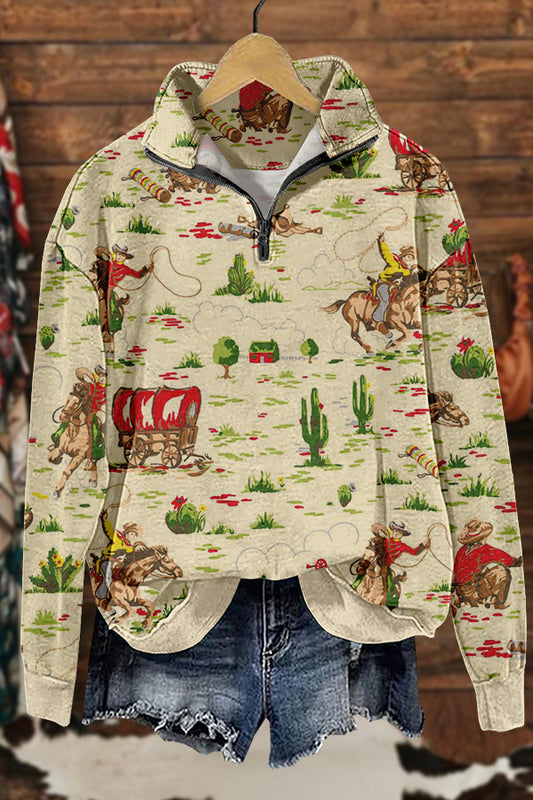 Retro Western Cowboy Horse Racing Print Sweatshirt