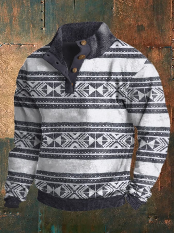 Men's Vintage Print Button Casual Long Sleeve Sweatshirt