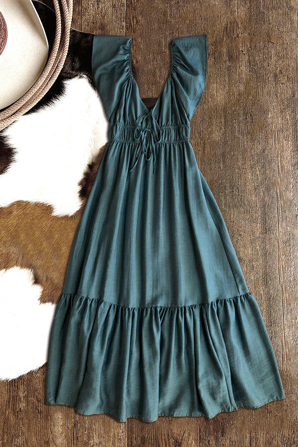 Elegant Deep V-Neck Cap Sleeve Ruffle Hem Dress-0520