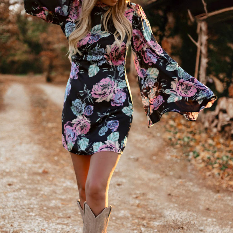 Vintage Floral Print Bell Sleeve Dress