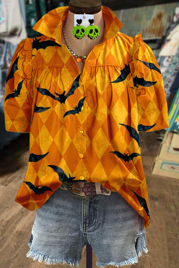 Halloween Bat Print Collared Top