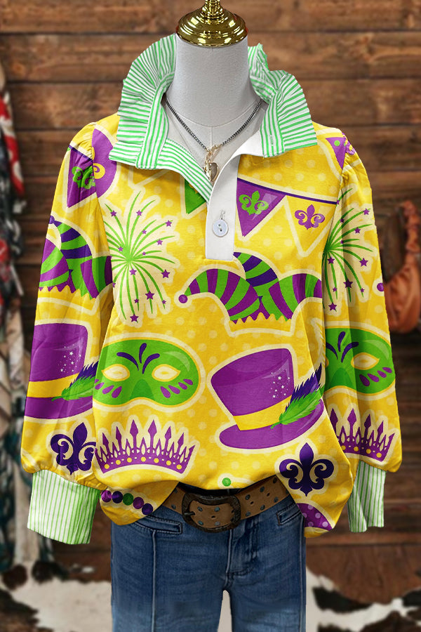 Cute Mardi Gras Print Puff Sleeve Blouse