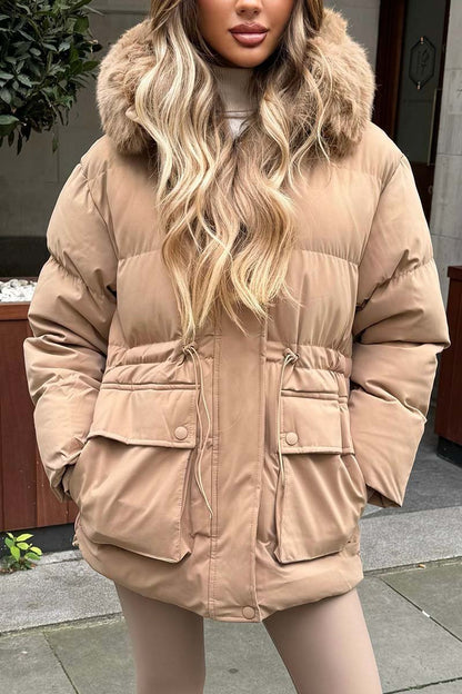 Women's casual solid color waist drawstring hooded short cotton coat