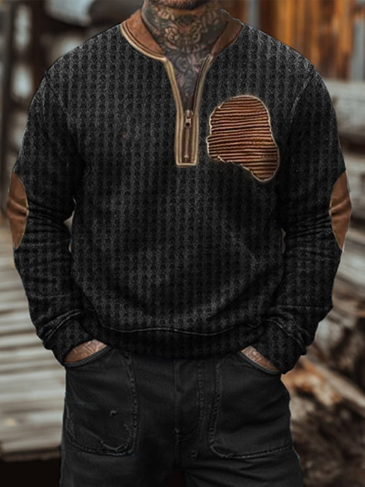 Men's Vintage Waffle Zip-Up Stand Collar Sweatshirt