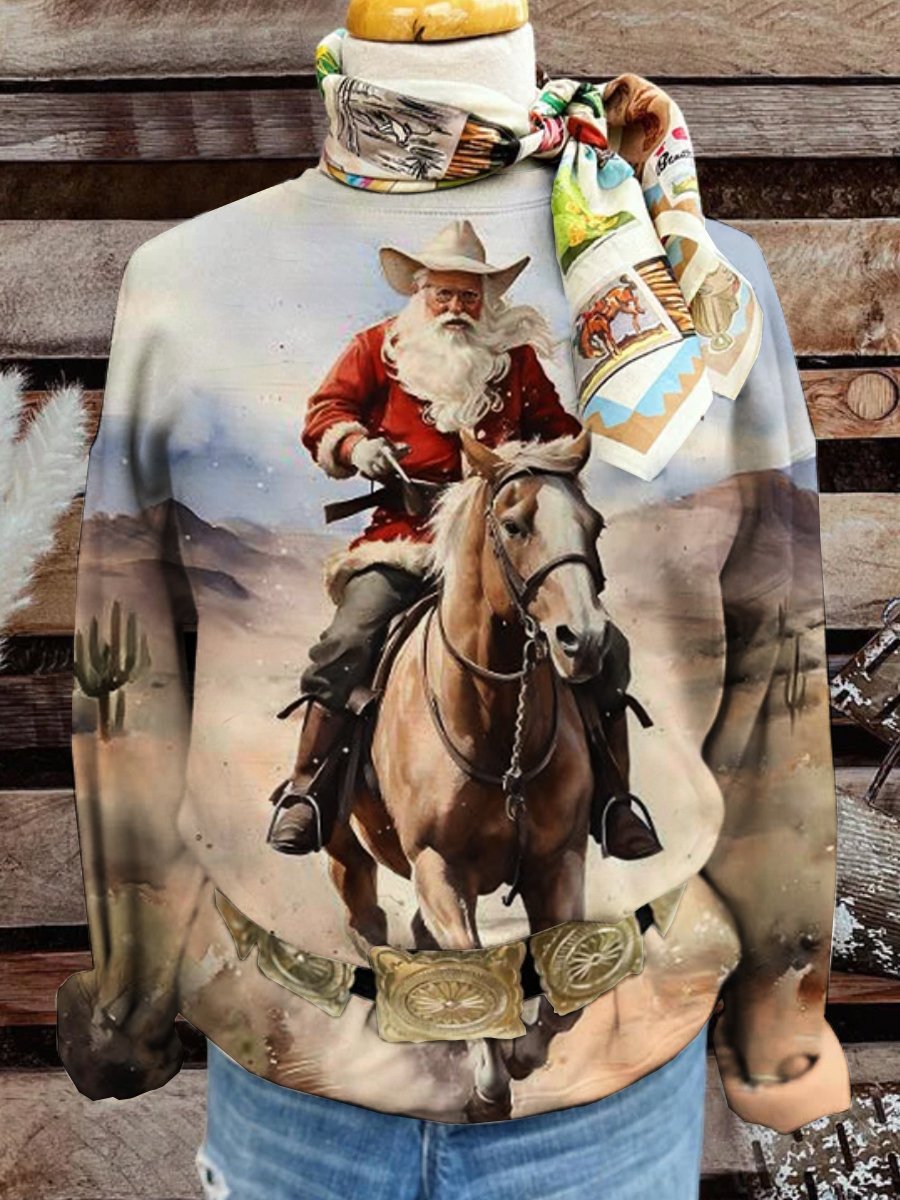 Western Santa Print Casual Sweatshirt