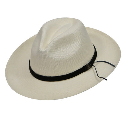 Original Panama Hat - Wide Brim Fedora - Off-White Straw - Black Leather Band - Handmade in Ecuador by Ecua-Andino - EA - HatBox Included-FREE SHIPPING