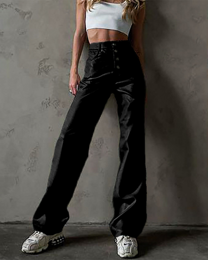 PU Pure Color High-Waisted Straight Casual Leather Pants