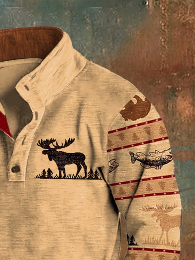 Men's Fleece Vintage Hunting Deer Stand Collar Sweatshirt