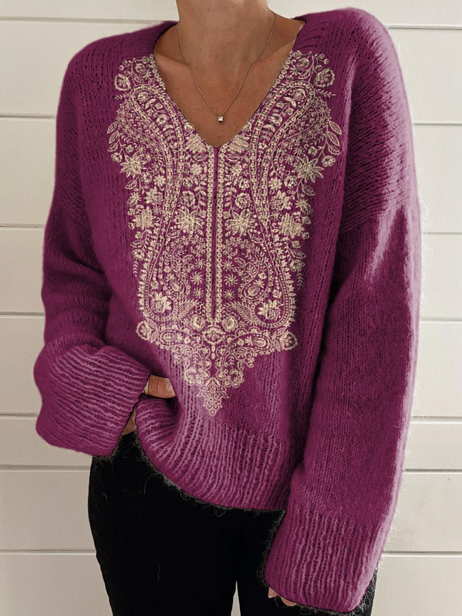 Ethnic Style Floral Pattern Printed Women's Casual V-Neck Pullover Knit