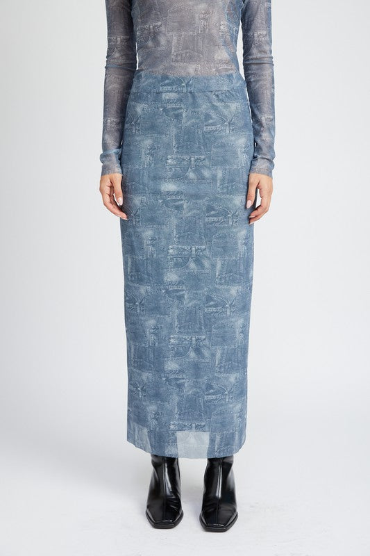 Denim Print Mesh Maxi Skirt