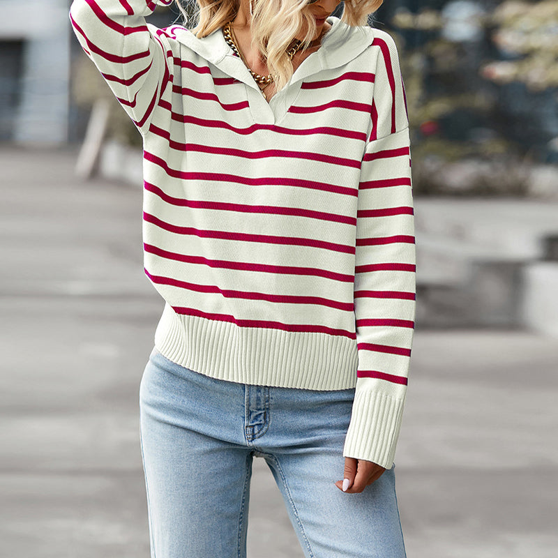 Women's Casual Lapel Striped Sweater