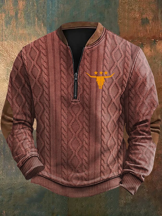 Men's Vintage Western Knit Print Zip-Neck Sweatshirt