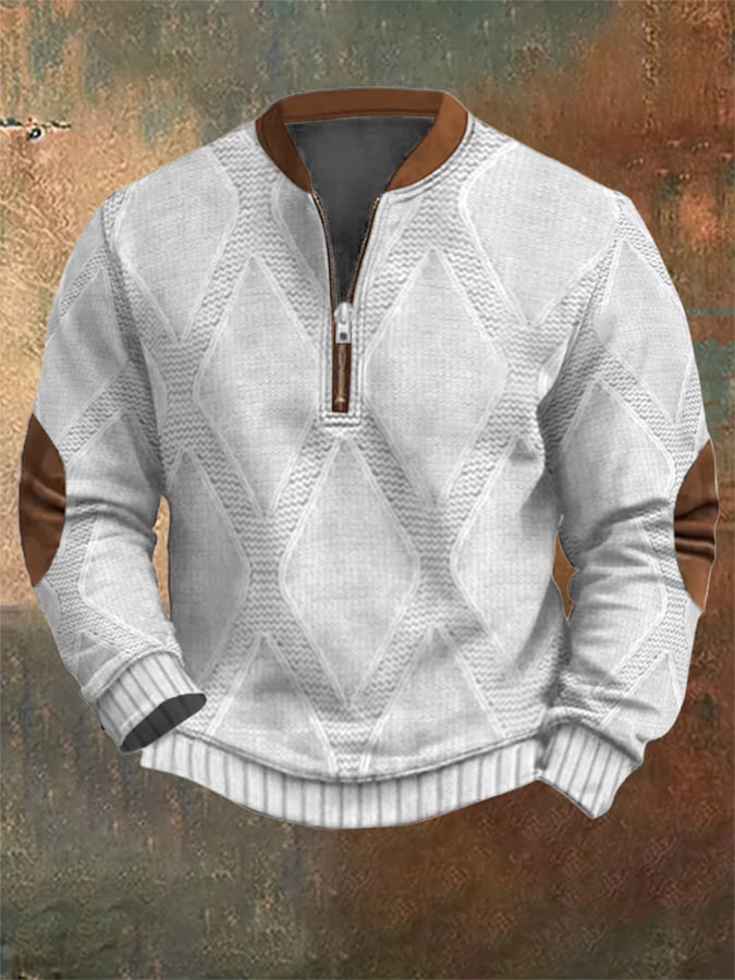 Men's Vintage Western Knitting Print Zipper Stand Collar Casual Sweatshirt