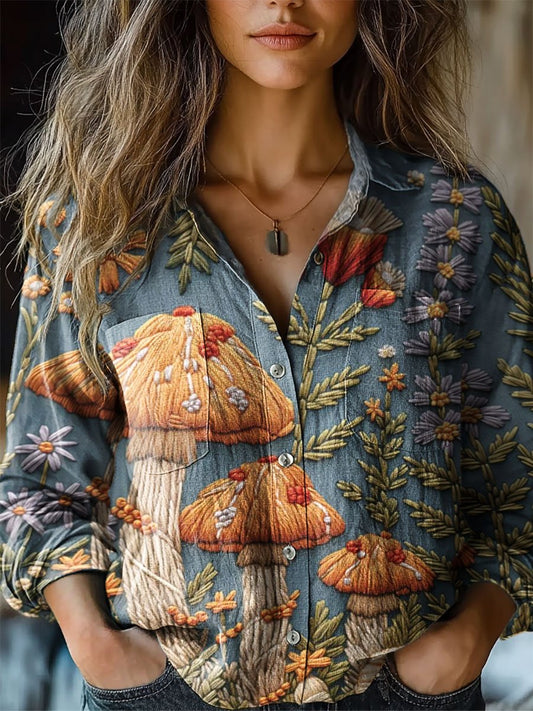 Women's Vintage Mushroom Floral Print Casual Long Sleeve Comfortable Cotton Shirt