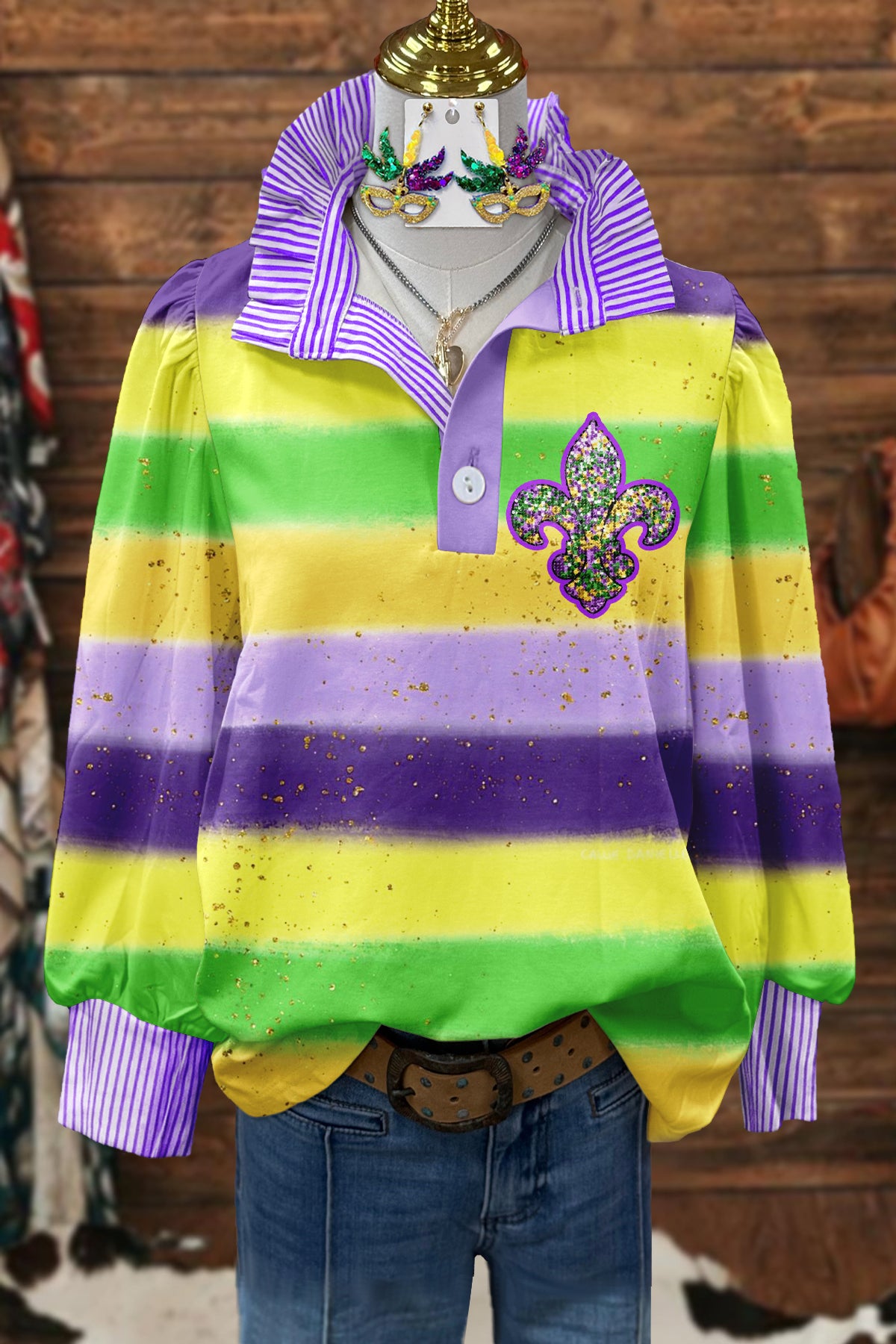 Classic Mardi Gras Stripe Print Stand Collar Blouse