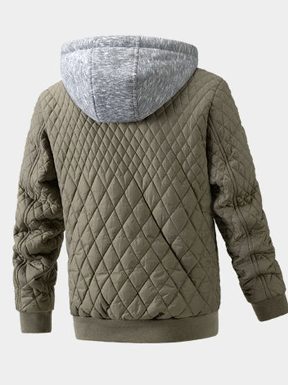 Men's Fall/Winter Casual Zip Up  Quilted Plaid Detachable Hat Puffer Jacket