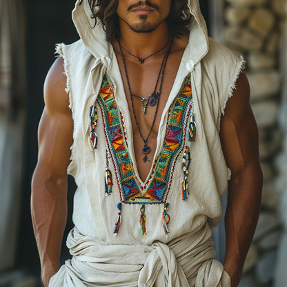 Retro Men's Ethnic V-Neck Sleeveless Linen Hoodie Casual Retro Tribal Top Bohemian Style Sleeveless Tank Top